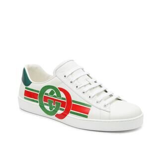 Gucci Men’s Ace Signature Logo White Leather Lace Up Low Top Sneakers Luxury